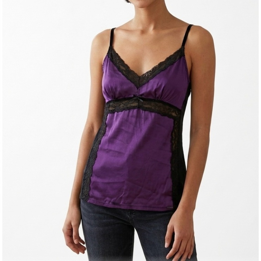 Buffalo David Bitton Purple Silk Lace Trim Cami Top Womens Large Corsa 427